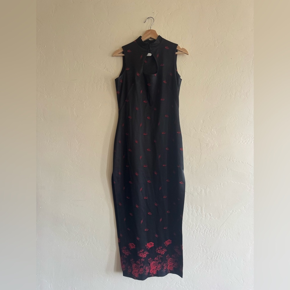 Bebe Black Maxi Dress with Red Floral Accents